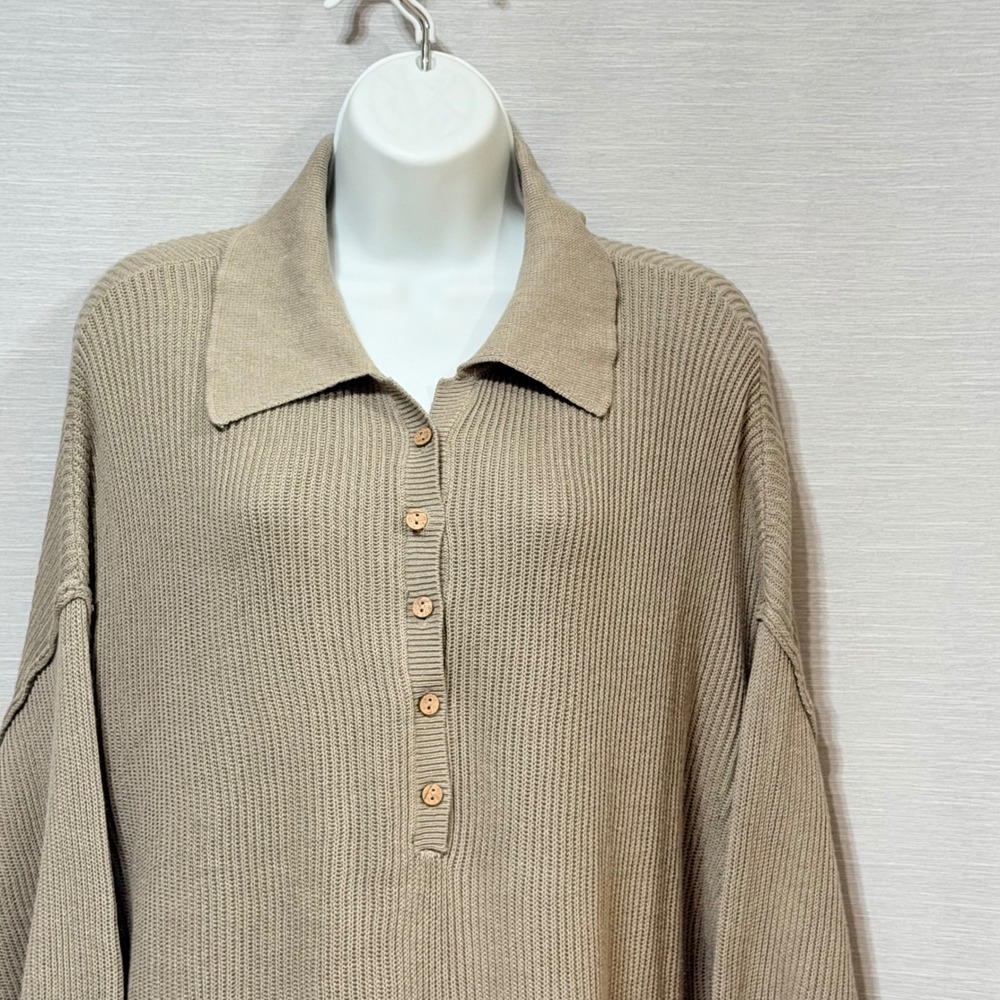 Free People Beach Ribbed Knit Polo Mini Dress Taupe Sage Green Henley Large - Picture 5 of 9